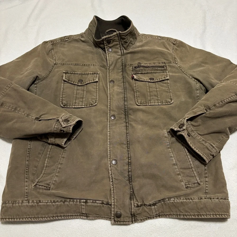 Levi's Men's Brown Quilted Green Military Jacket Zip Button Stand Collar Size L - Picture 6 of 14